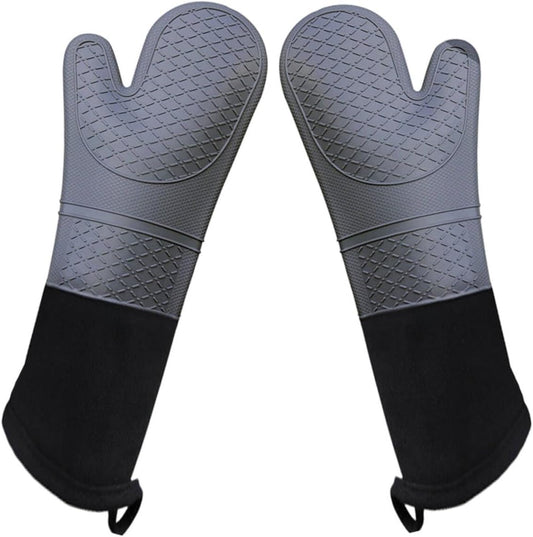 Extra Long 19.5",Silicone Oven Mitts Heavy Duty Commercial Grade Oven Mitts Heat Resistant BBQ Gloves with Quilted Cotton Lining 2 Pack (Gray)