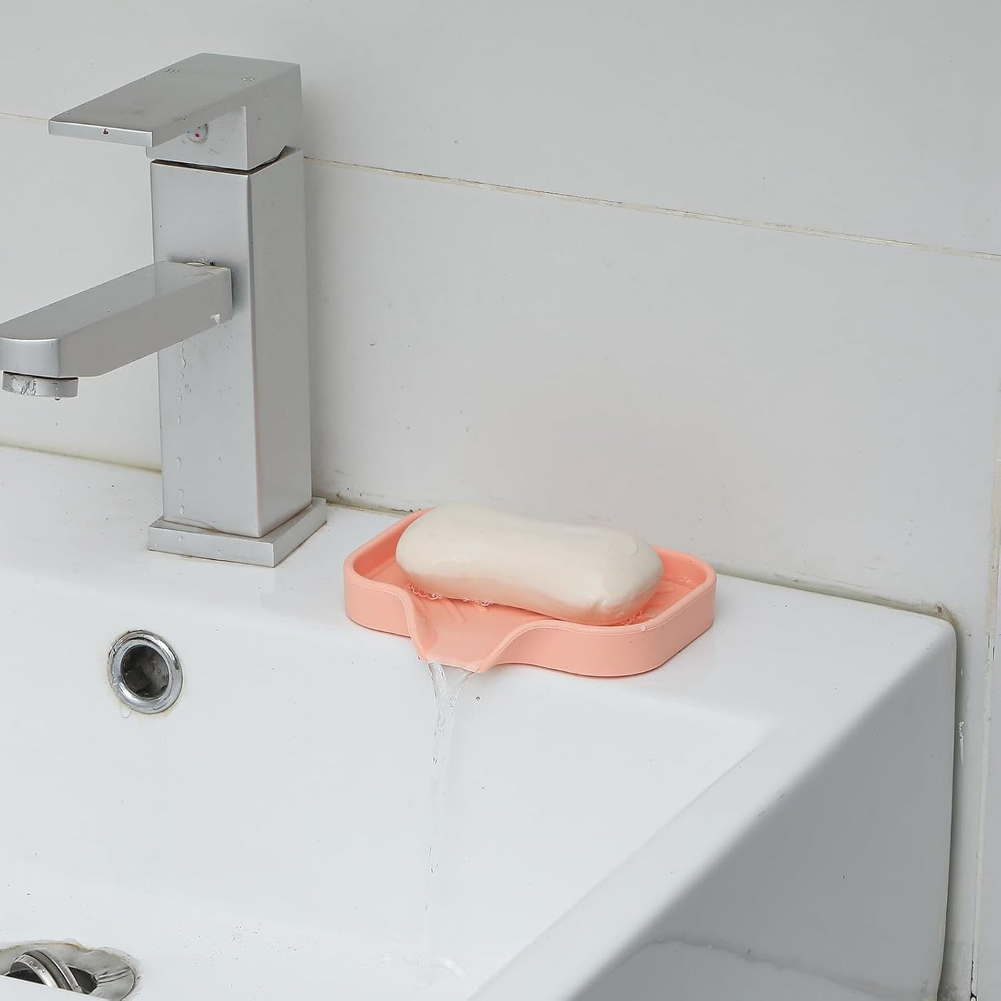 Silicone Bathroom Soap Dishes with Drain Spout-Bathroom and Kitchen Sink Organizer,Sponge Holder,Dish Soap Tray,Perfect for Dispenser,Scrubber,Bottle,Cup on Sink or Counter-Pink 4.9"×3.2"