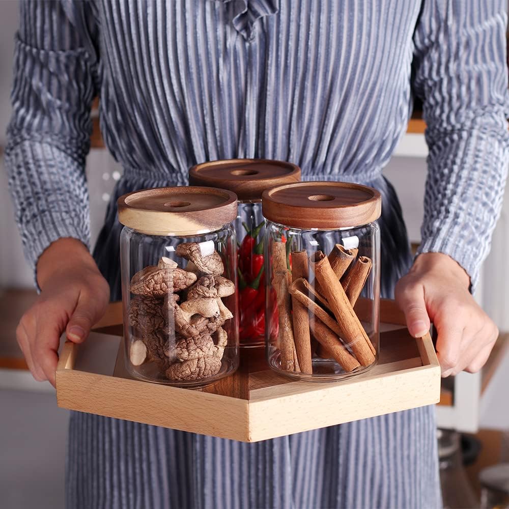 SAIOOL Glass Jars, Food Storage Containers with Airtight Acacia Lids, 20FL OZ(600ml) Glass Canisters Set-3, Clear Containers Suit for Storing Tea, Coffee, Flour, Candy, Cookie, Rice, Sugar, Pasta