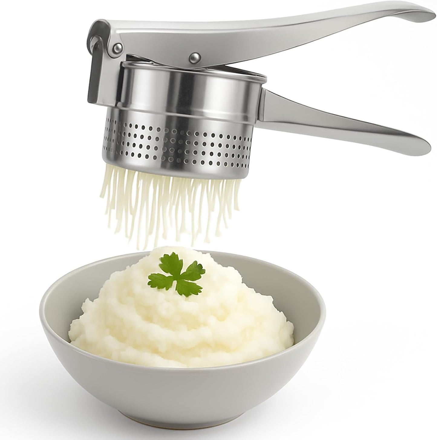 Stainless Steel Potato Ricer and Masher – Heavy Duty Manual Press for Smooth Mashed Potatoes, Baby Food, Vegetables, Garlic – Ergonomic Non-Slip Handle Kitchen Tool for Cooking Prep