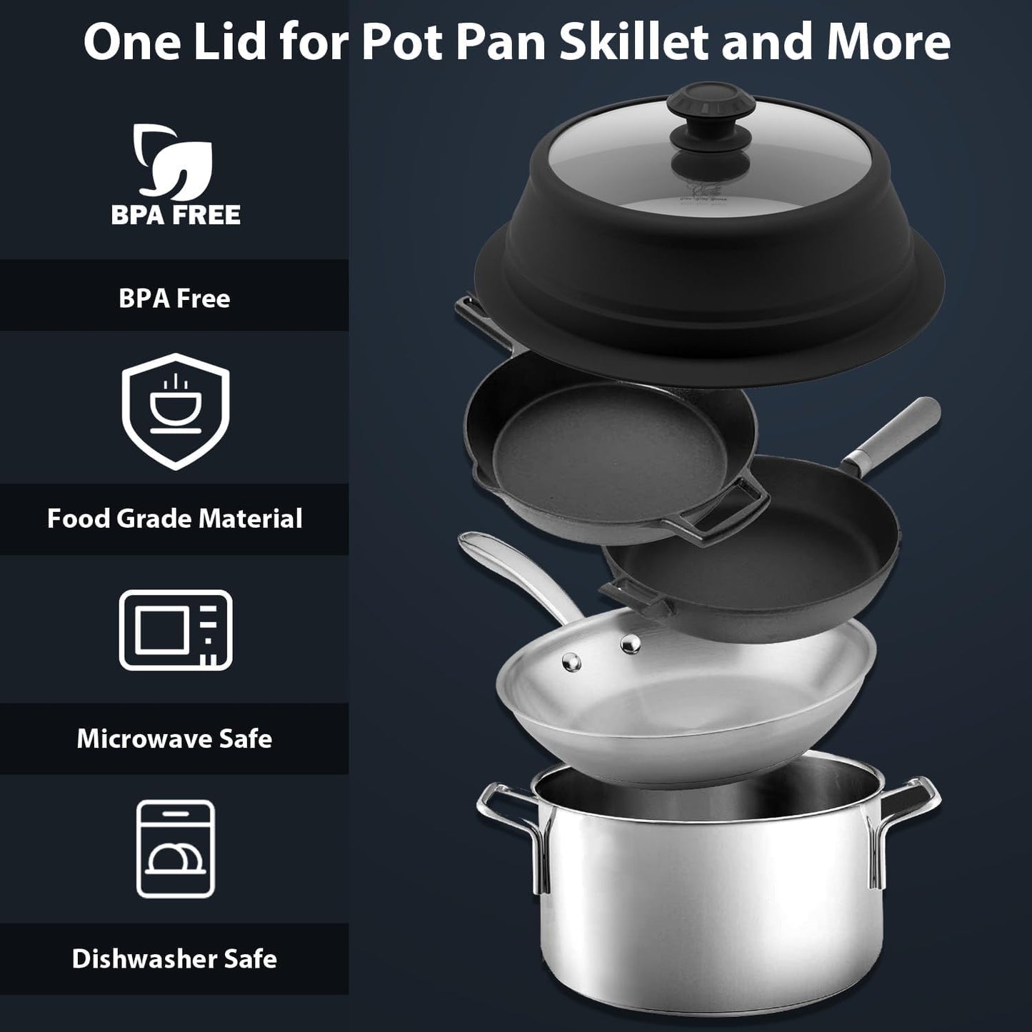 Collapsible Microwave Splatter Lid with Vented Tempered Glass Cover Wok Lid for Microwave Safe, Stockpot Steamer Pot Pan 11-12.5 inch Universal Multifunction Silicone Cover