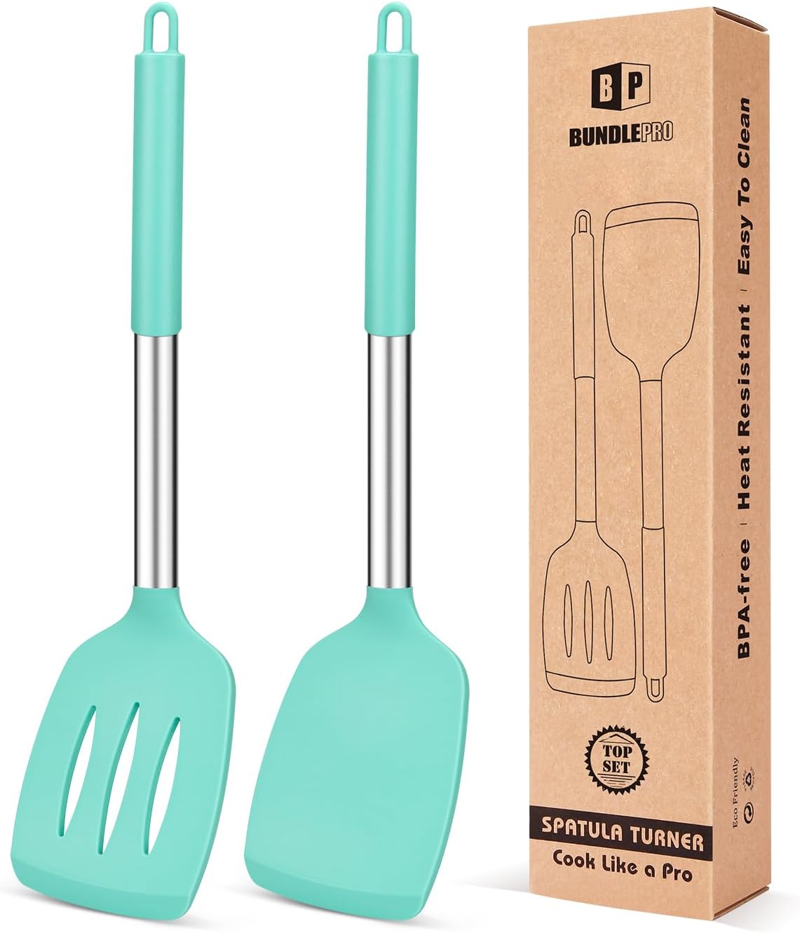 Pack of 2 Silicone Solid Turner, Non Stick Slotted Kitchen Spatulas, High Heat Resistant BPA Free Cooking Utensils, Ideal Cookware for Fish, Eggs, Pancakes(Green)