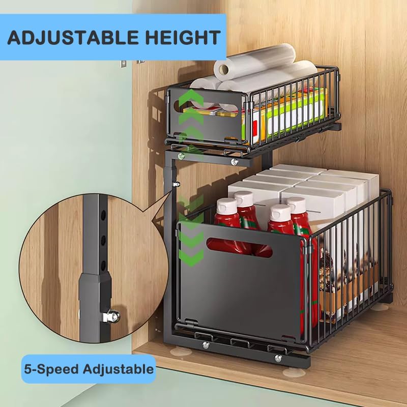 Under Sink Organizer with Adjustable Height, 2 Tier Pull Out Cabinet Design, Sliding Sink Shelf for Enhanced Storage Capacity, Counter Organizer Storage for Kitchen & Bathroom, Black, 2 Pack