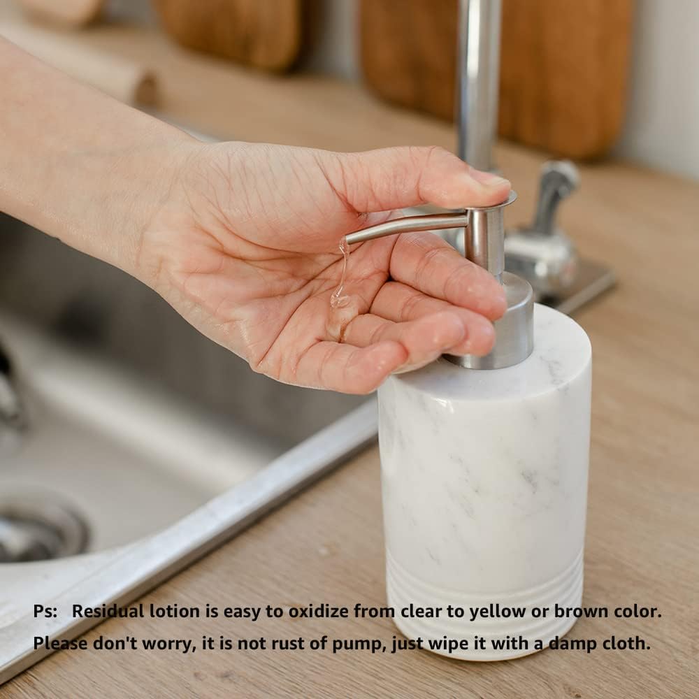 Marble Soap Dispenser with Stainless Steel Pump for Bathroom Kitchen Countertop - Lotion & Liquid Dispenser Soap Bottle White