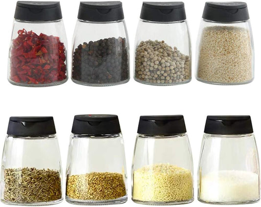 Glass Spice Jars, Double Lids Seasoning Shakers Glass Bottles Spice Shakers Sifter Barbecue Salt & Pepper Shaker Container (8PCS）