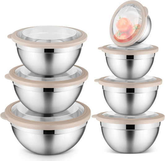 E-far Stainless Steel Mixing Bowls with Airtight Clear Lids Set of 7, Metal Nesting Bowls for Kitchen Prep, Baking, Cooking, Serving, Salad, Dishwasher Safe, Size 4.6, 3.5, 3, 2, 1.5, 1, 0.7QT, Khaki