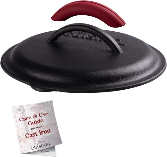 Cuisinel Cast Iron Lid - Fits 8"-Inch / 20.32cm Lodge Skillet, Frying Pans or Braiser + Silicone Handle Holder + Care Guide - Pre-Seasoned Replacement Cover - Indoor/Outdoor, Oven, Open Fire, BBQ Safe