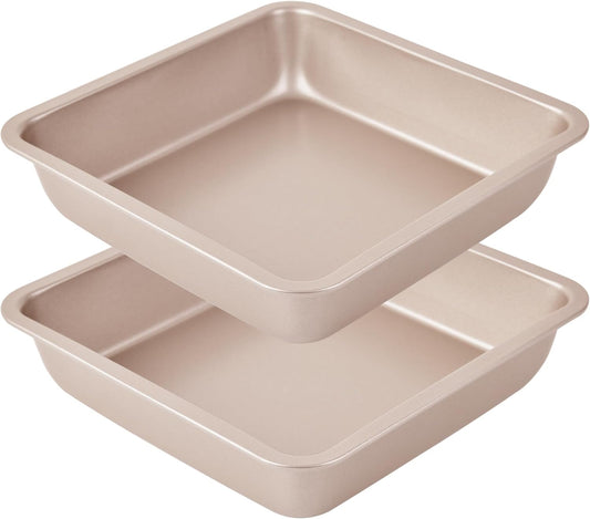 8 inch square cake pan (Set of 2), 8 inch square baking pan, 8 in square pan, Non-stick carbon steel, 8'' Brownie Pan and Loaf Pan (Champagne Gold)