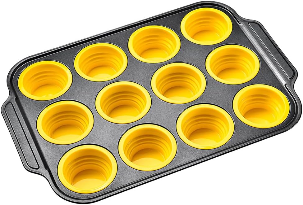 Silicone Muffin Pan with Metal Frame, Egg Bite Maker Silicone Molds for Baking, Cupcake Pans 12 Regular Size, Muffin Tins Easy to Pop Nonstick Non Toxic Bakeware for Oven (Yellow)