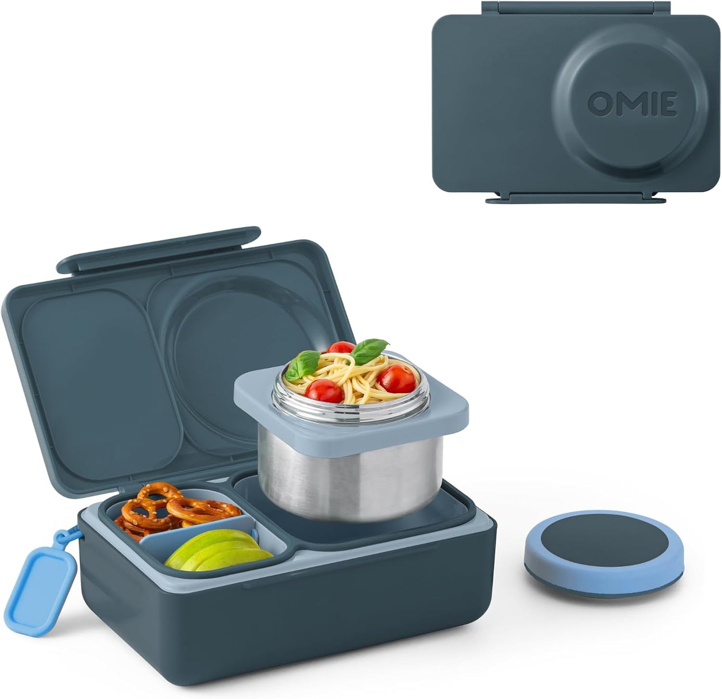 Omie OmieBox UP bento Box for Kids | Insulated Lunch Box | Leak Proof Vacuum Insulated Thermal Food jar | Cooler ice Pack | 2 Compartments (Graphite)