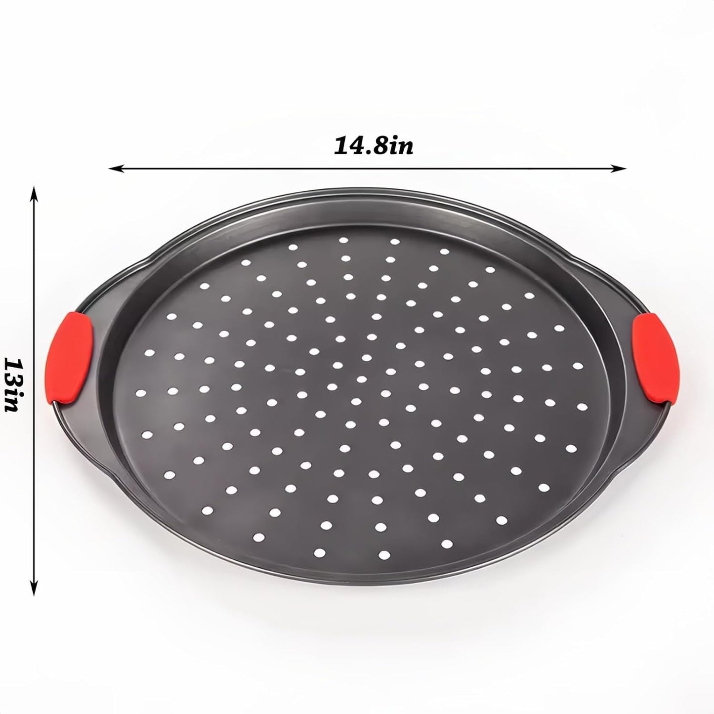 13 Inch Pizza Pan for Oven, Round Pizza Pan with Holes - Non-Stick Carbon Steel Pizza Tray with Silicone Handles - for Cooking, Baking, and Grilling - Dishwasher Safe