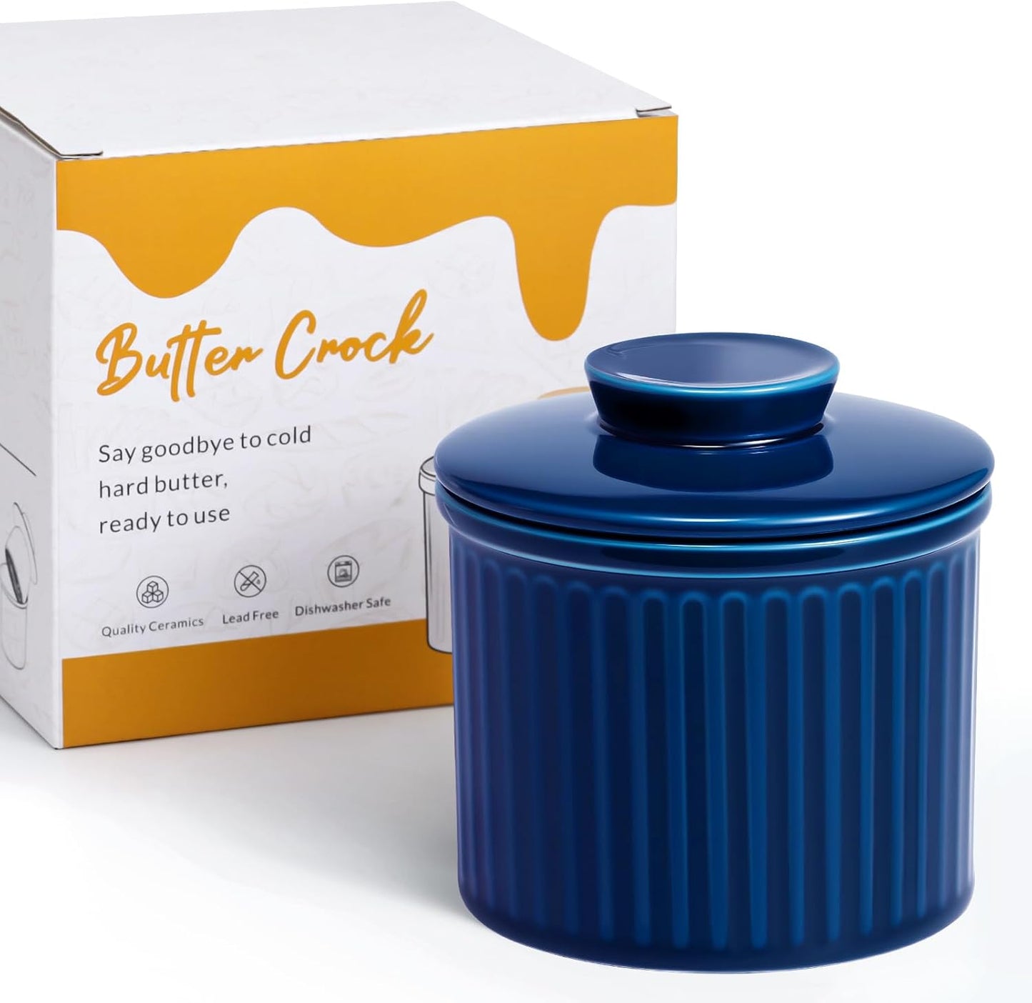 Large Butter Crock for Counter with Water Line, Butter Keeper, Ceramic French Butter Dish Holder for Fresh Spreadable Soft Butter (Blue, 8 Ounce)