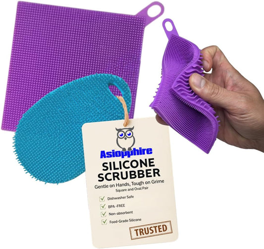 Silicone Dish Sponge Dish Scrubber (Oval and Square) - Dual-Sided, Food Grade Silicone Sponges for Dishes and Housecleaning 2-Pack