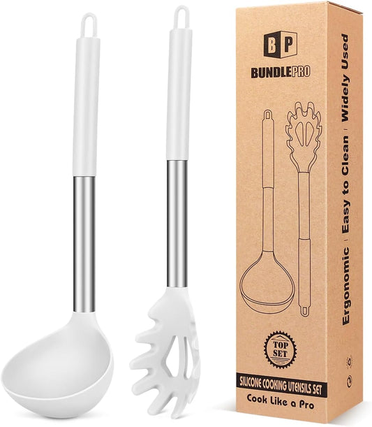 Silicone Pasta Fork and Ladle Spoon Set, Large Non Stick Kitchen Utensils for Cooking,Stirring,Serving Spaghetti, Soup, Sauce (WHITE)
