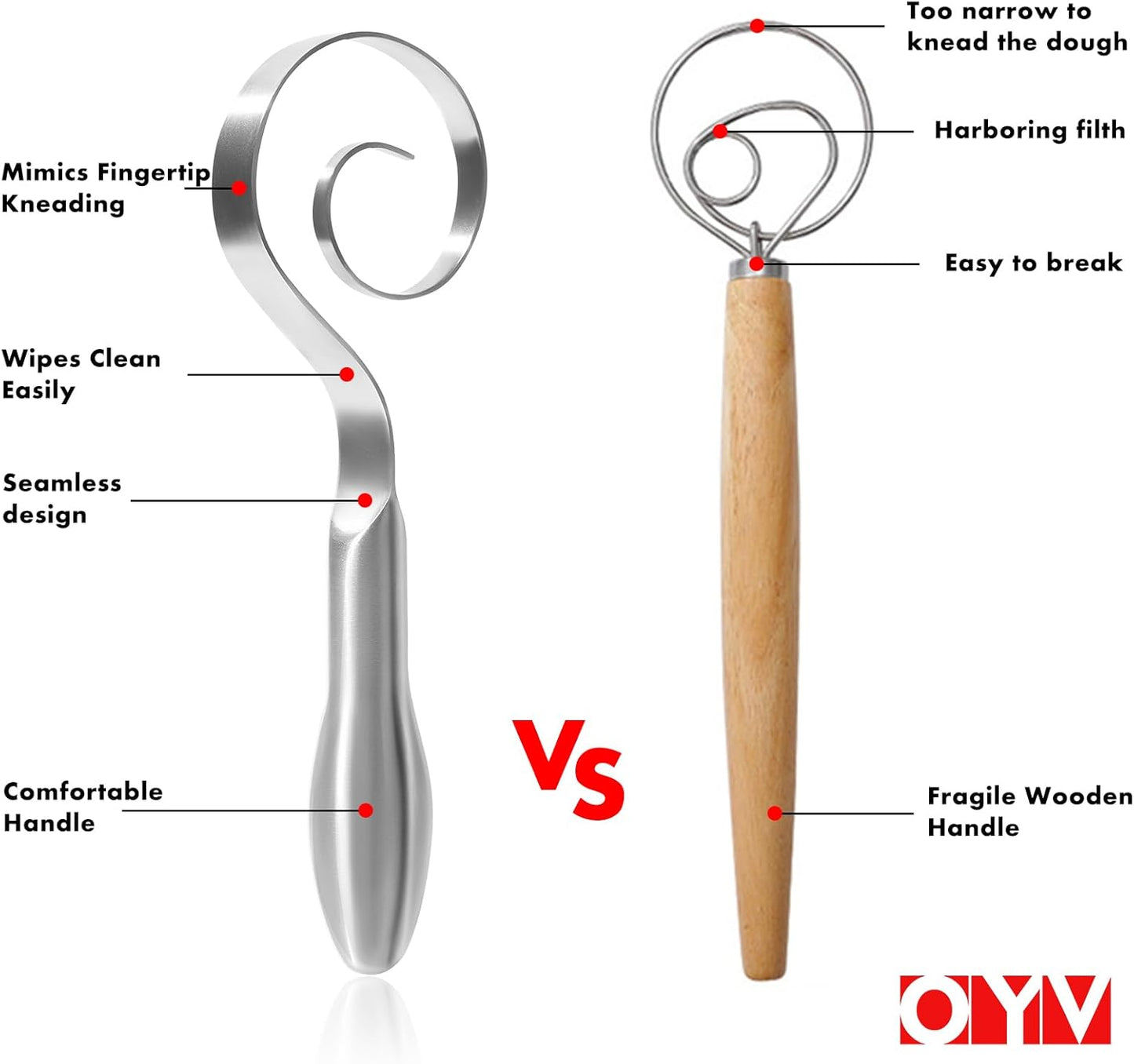 Seamless Dough Whisk, 18/10 Stainless Steel Danish Dough Wisk, 9" Bread Whisk for Sourdough, Cookies, Pizza, Pastry, Dishwasher Safe Dough Hook