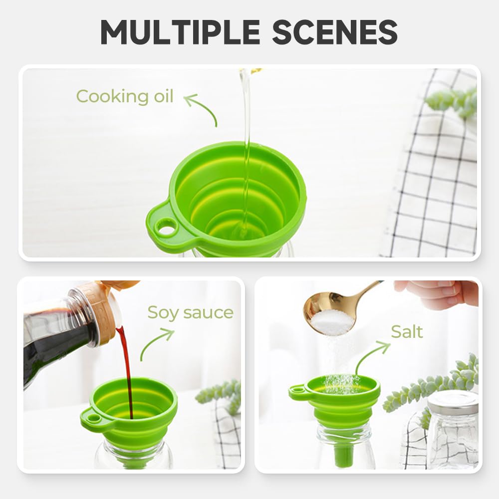 Kitchen Funnel Set, 2025 Upgrade Silicone Collapsible Funnel Silicone Collapsible Food Funnels for Kitchen 3 Sizes Funnels for Home Use Filling Bottles Daily Cooking (Green, 2Set 11+14+20g)