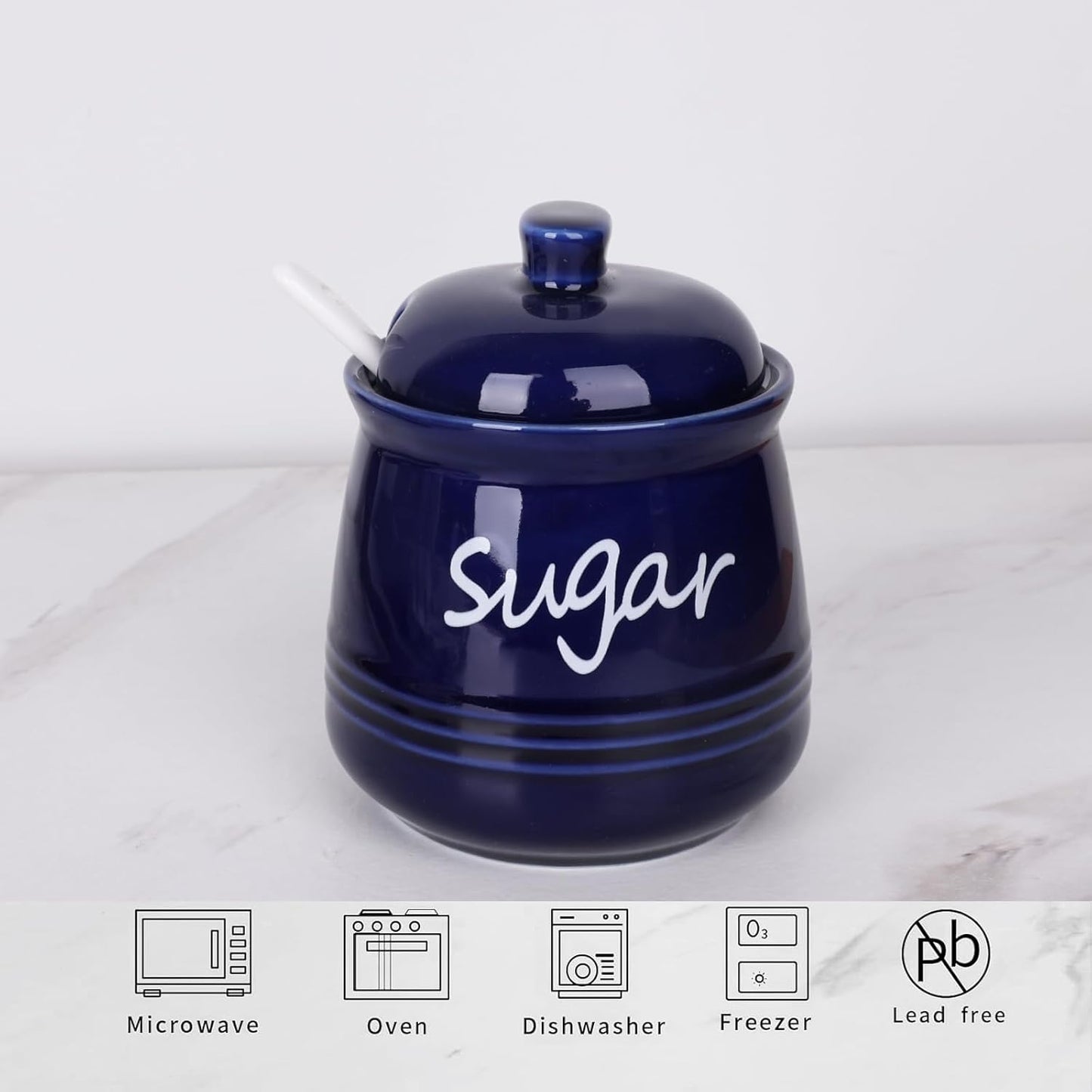 HAOTOP 12oz Sugar Bowl with Lid and Spoon,Ceramic Sugar Jar Sugar Dispenser Sugar Container Coffee Bar Accessories, Kitchen Countertop Canisters, Navy
