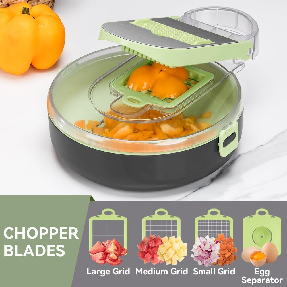 KEOUKE Vegetable Chopper Mandoline Slicer Round - 13 in 1 Interchangeable Blades Food Chopper with Container, Hand Guard & Drainer, Veggie Dicer Kitchen Gadget for Onion, Cucumber, Tomato, Fruit
