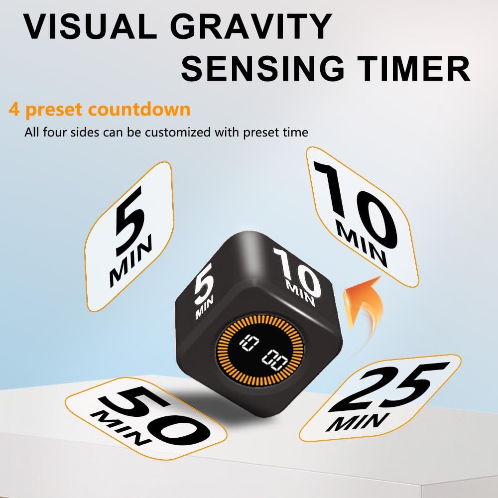 Visual Rotating Timer with 5, 10, 25 50 Minutes Preset, Desk Cube Count Down/up Timer, Rechargeable Custom-time Mute/Sound, Ideal for ADHD Work Learning Kitchen, Black