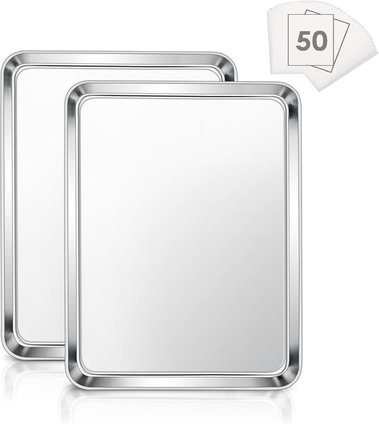 E-far Baking Cookie Sheet Set of 2, 12.4”x9.7” Stainless Steel Baking Sheet Pan for Oven with 50 Parchment Paper, Rectangle Baking Tray for Cooking Roasting, Rust Free & Heavy Duty, Dishwasher Safe