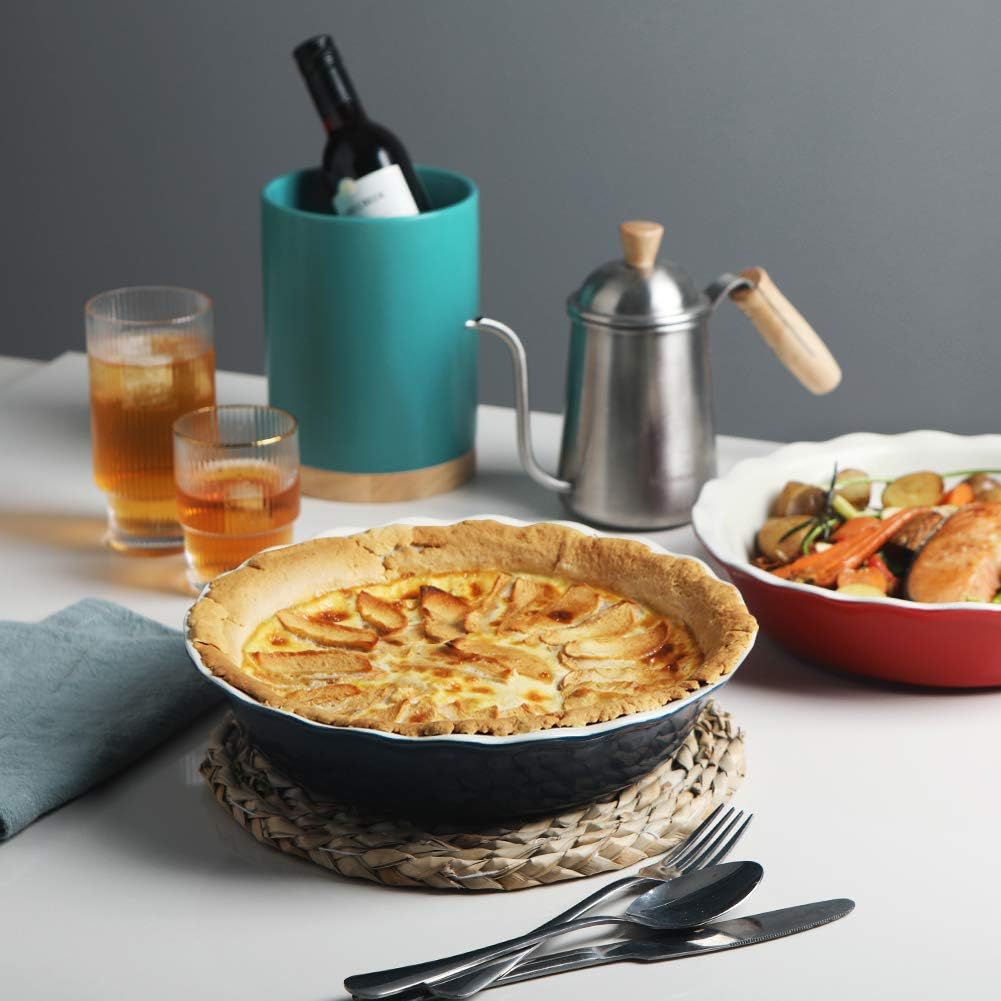 Sweejar Ceramic Pie Pan, 10 Inches Round Baking Dish for Dinner, Non-Stick Plate With Soft Wave Edge for Apple, Pumpkin, Pot Pies (Navy)