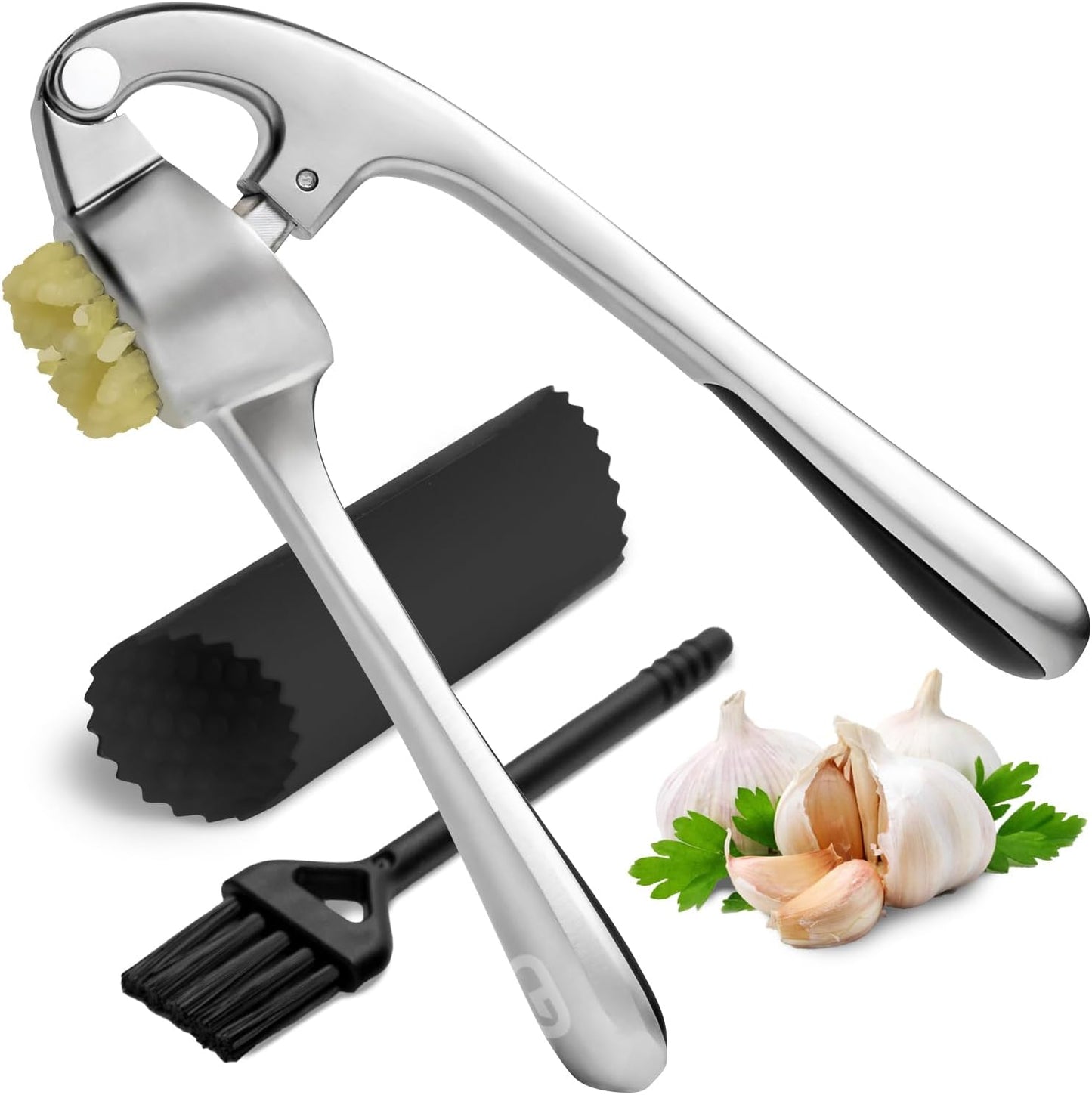 GD Garlic Press Crusher Mincer Tool - Dishwasher Safe & Rust Proof, Easy-Squeeze Garlic Smasher with Ergonomic Handle, Includes Silicone Garlic Peeler & Brush (Silver)