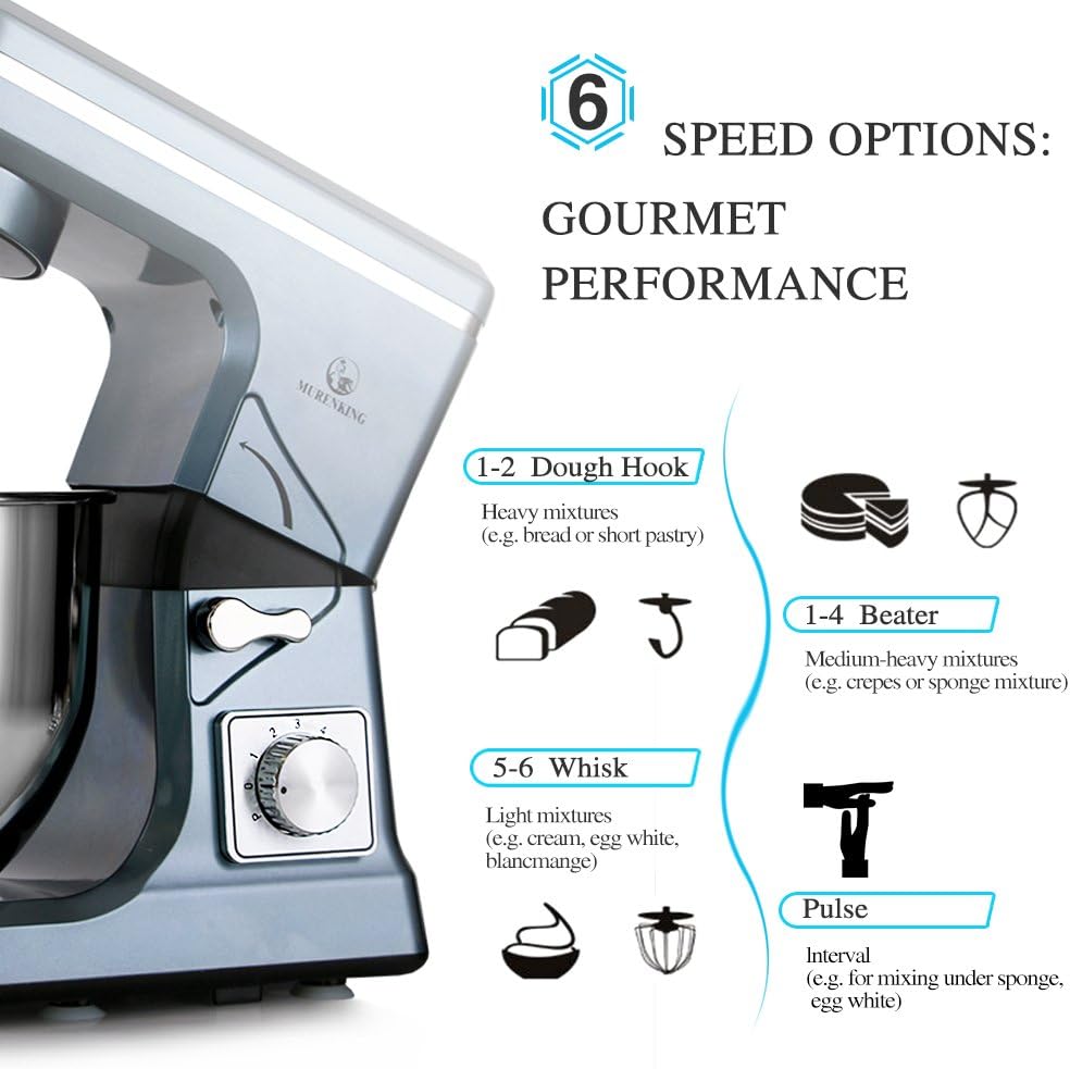 Stand Mixer,5.3-Qt & 500W & 6+P Speed MK36 Tilt-Head Kitchen Electric Food Mixers Home Baking Dough Machine with Accessories (Gray Blue)