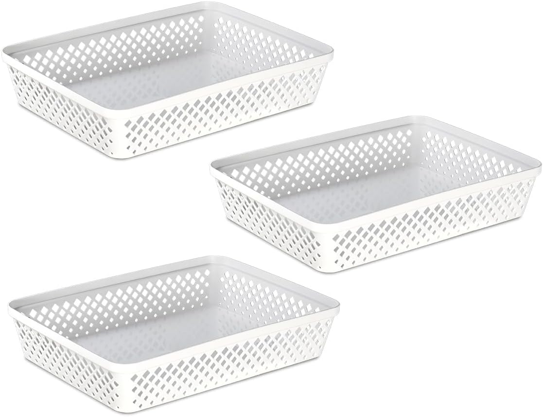 Glad Plastic Storage Basket Set - Multipurpose Drawer Trays, Kitchen Pantry Containers, and Bathroom Bins - 3 Pack Large Organizers, White