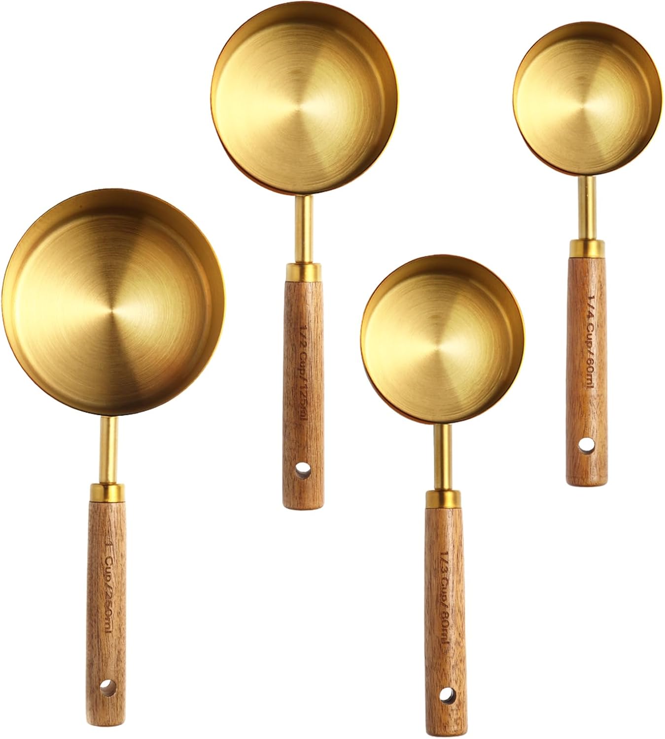 4 Piece gold measuring cups set，Golden Stainless Steel Measuring Cup and spoons set with Wooden Handle for Food/Liquid/Baking in the Kitchen