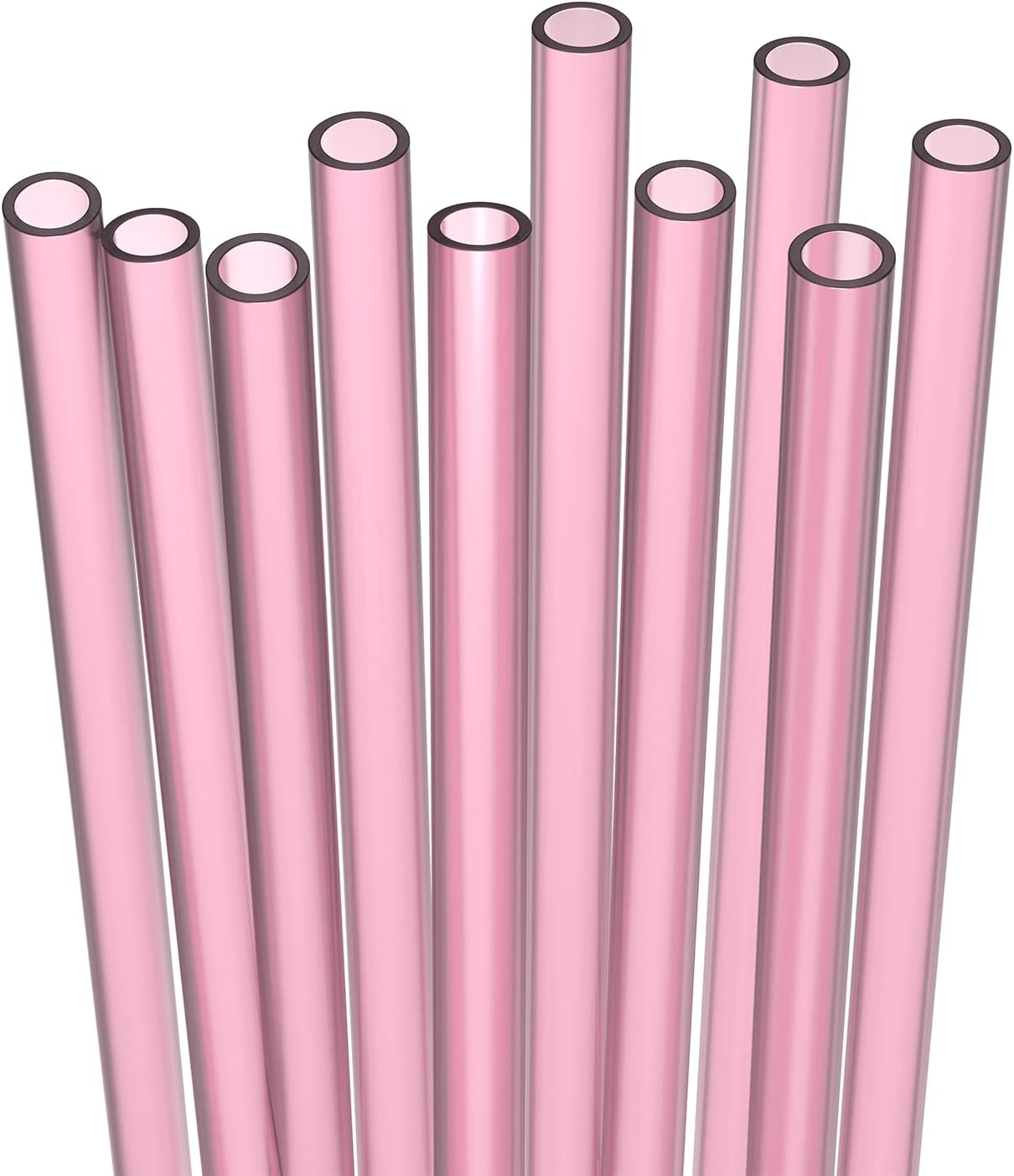 10 Short Reusable Hard Pink Plastic Drinking Straws, Medium Width + Sturdy Cleaning Brush - for Cocktails, Small Cups, Kids Drinks - Dishwasher Safe BPA Free