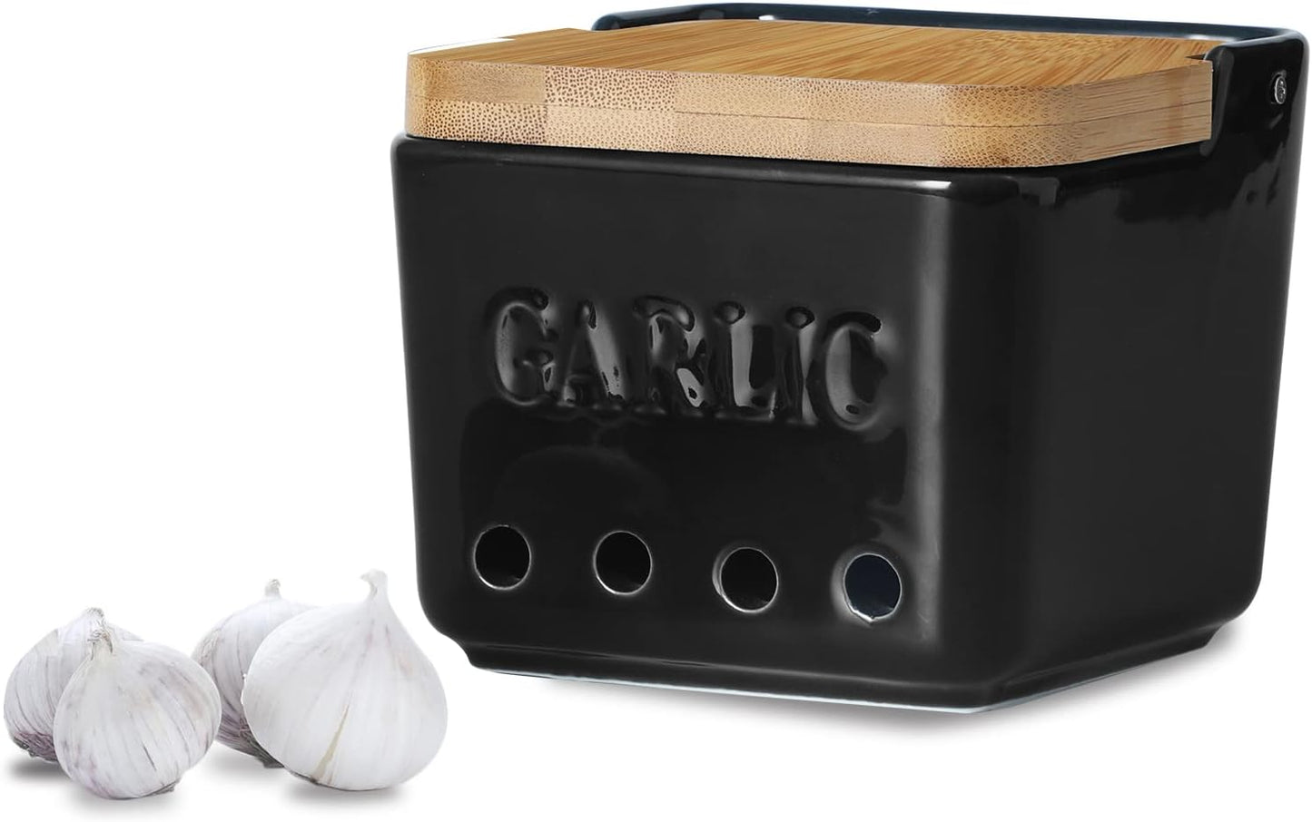 ONTUBE Garlic Keeper with Lid, Ceramic Garlic Holder Storage, Garlic Container for Kitchen, Garlic Saver to Keep Your Garlic Cloves Fresh Longer 4.7-Inch, Black