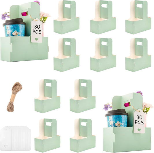 30 Pack 2 Cup Disposable Drink Carrier with Handle Paperboard Coffee Cup Holder Portable for Hot Cold Drinks Food Delivery Services with Heart Card for Teacher Appreciation Week Mother's Day