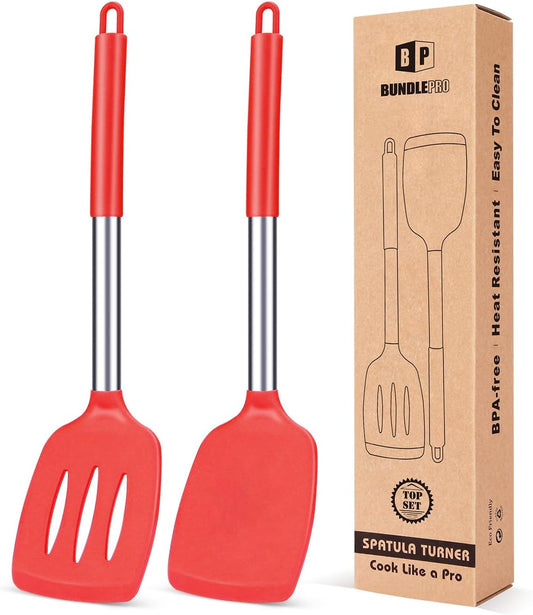 Pack of 2 Silicone Solid Turner, Non Stick Slotted Kitchen Spatulas, High Heat Resistant BPA Free Cooking Utensils, Ideal Cookware for Fish, Eggs, Pancakes(Red)
