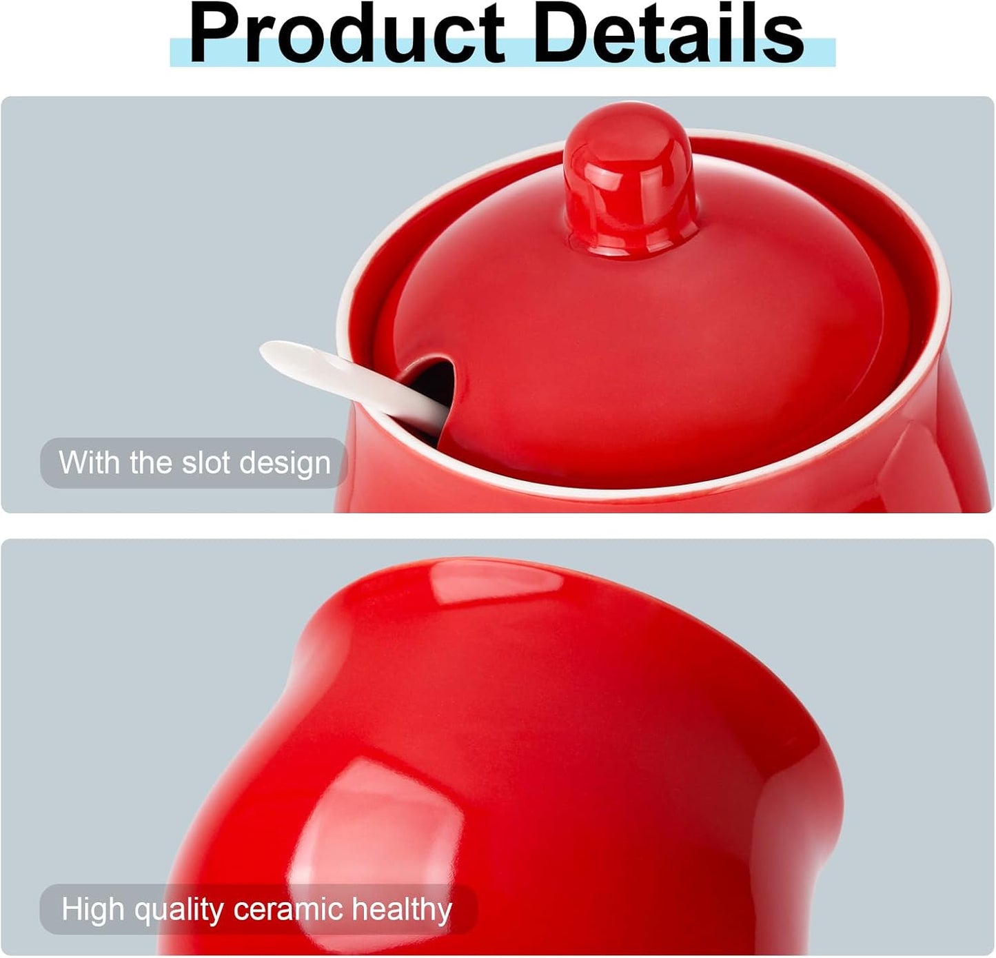 Ceramic Sugar Bowl with Lid and Spoon, Red Porcelain Sugar Salt Pepper Storage Jar, 8 Ounces