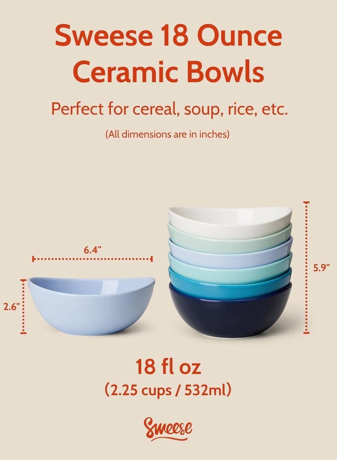 Sweese 6 Inch Porcelain 18 oz Bowls Set of 6, for Soup | Cereal | Fruits | Rice - Microwave, Dishwasher, and Oven Safe - Cool Assorted Color