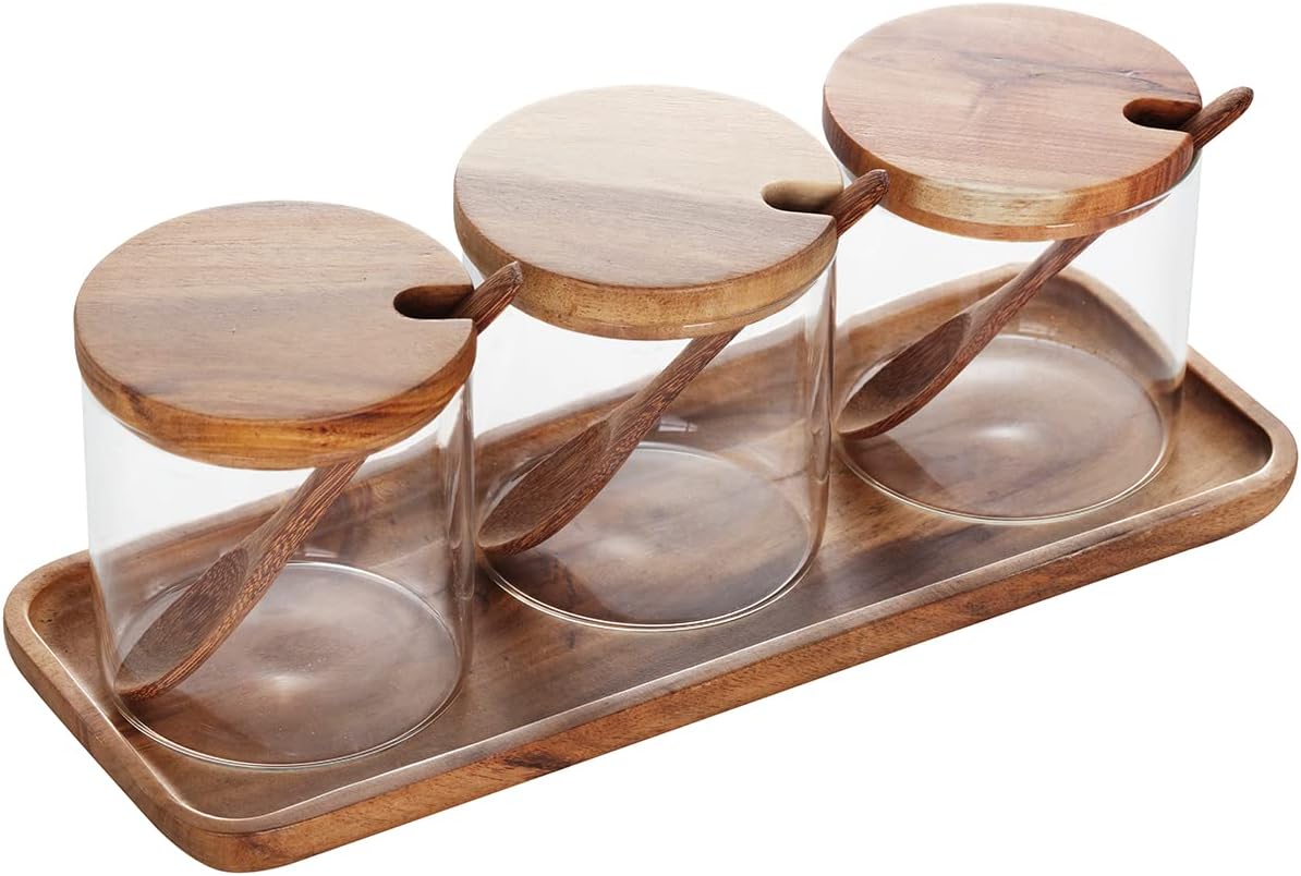 3 Pack 250ml / 8.5oz Clear Glass Spice Jar with Acacia Wooden Lid and Spoon, Classic Style, Kitchen Storage Container, 3.2 inches (diameter) x 3.5 inches (height)