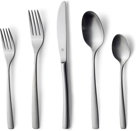 Matte Silverware Set, 18/10 Stainless Steel Satin Flatware, Modern Brushed Finish Cutlery, Dishwasher Safe & Durable, Built to Last (40-Piece, Sleek)