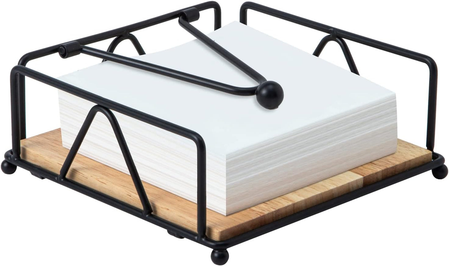 Square Napkin Holder - Durable Table Napkin Dispenser with Weighted Arm, Metal Napkin Storage with Wooden Base, Farmhouse Napkin Holder for Table, Kitchen and Countertops (Black)