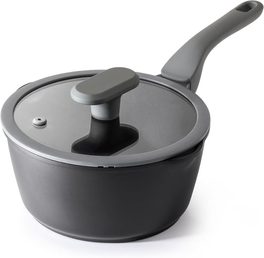 PRICUSIS Nonstick Saucepan with Lid, 2 Quart Non Toxic Pot with Pour Spouts, Full Coated, 100% Dishwasher Safe, Induction Compatible & Oven Safe, PTFE & PFOA Free, Black Sesame