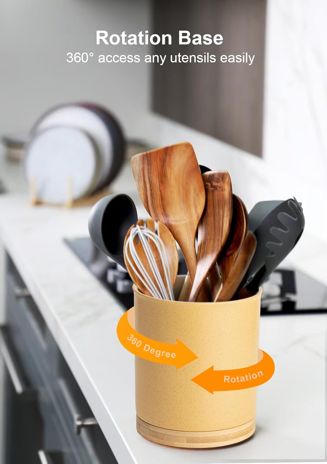 Nucookery 360°Rotating Utensil Holder, 7.2" Kitchen Utensil Crock, Ceramic Cooking Utensil Organizer with Countertop-Protection Cork Bottom for Farmhouse Kitchen Decor Christmas (Yellow Sand)