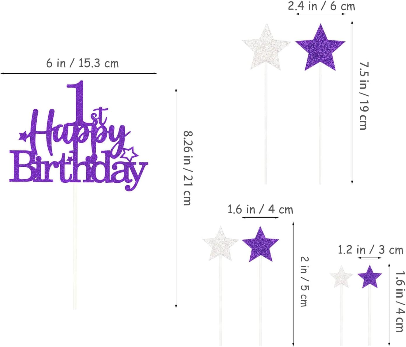 Glittery 1st Happy Birthday Cake Topper with Star,Personalised 1 Birthday Cake Toppers Party Decorations Party Supplies for Baby Boys Girls Purple Silver
