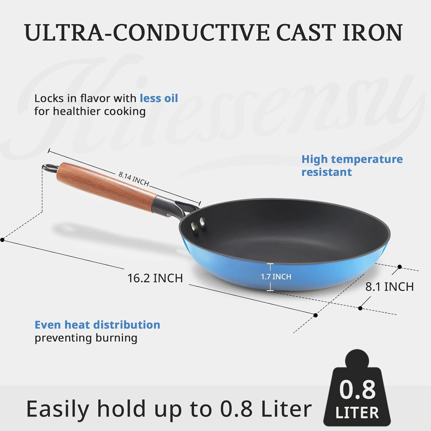KITESSENSU Titanium Non Stick Frying Pan 8' - Deep Enameled Cast Iron Skillet - Cast Iron Pan for Compatible With All Stovetops - Gradual Cobalt Blue