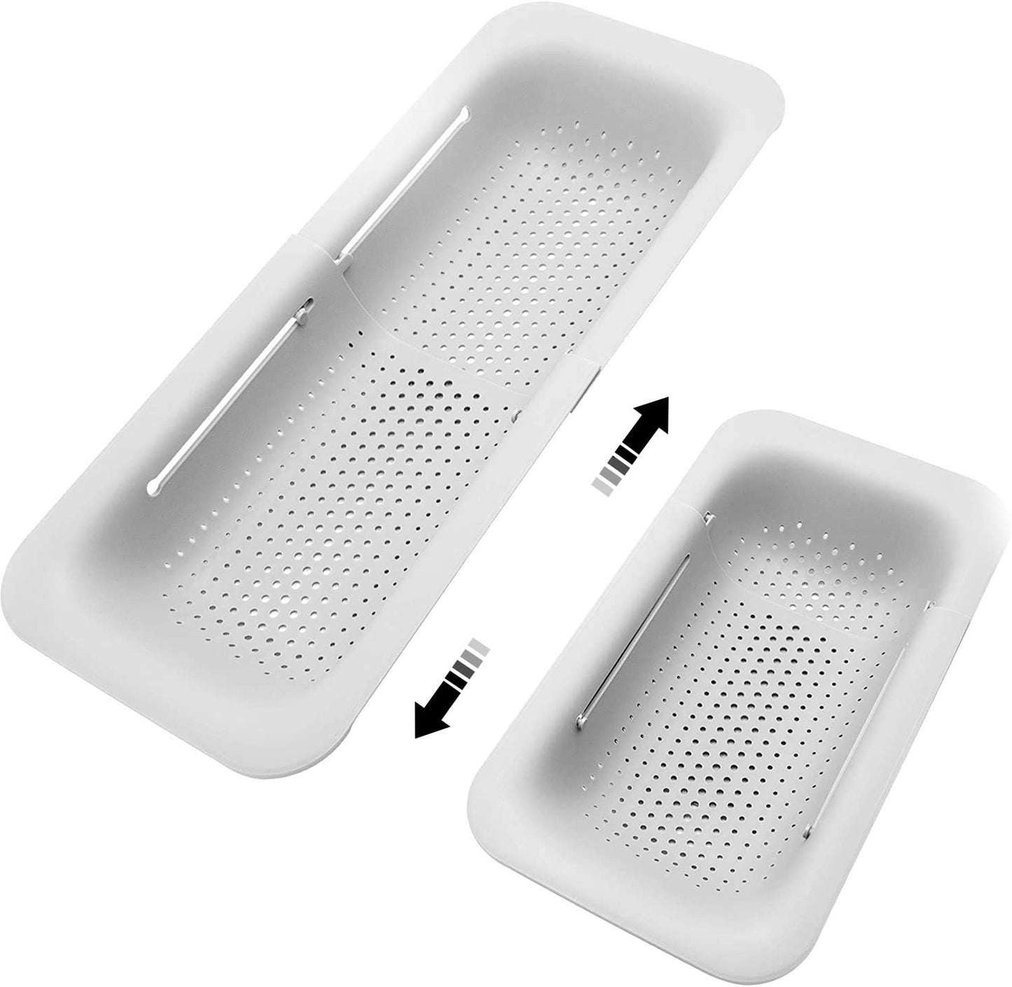 Collapsible Sink Colanders and Strainers Basket Over the Sink Colander Collapsible Colander Extendable Plastic Fruit Vegetable Strainer Drainer Basket for Kitchen (Length 14.3 inch-19.4 inch) (White)