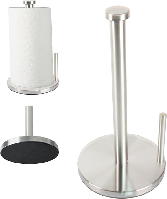 Paper Towel Holder with Side Rod, Stainless Steel, Easy Tear Dispenser for Home Kitchen Countertop Tabletop (Silver)