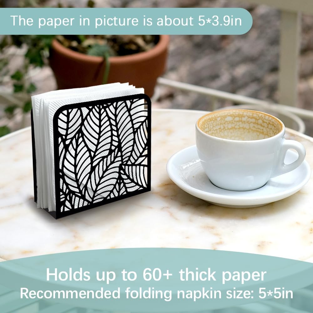 Morden Leaf Decorative Black Metal Napkin Holder for Table, 4.9" x 4.9" x 1.9" Standing Napkin Holder for Home Kitchen Restaurant Picnic Party Coffee Bar Dining Room