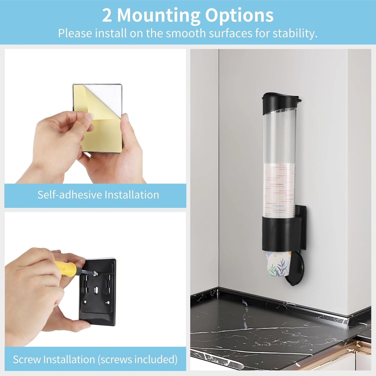 Disposable Paper Cup Dispenser, Wall-Mounted Cup Organizer for Water Coolers, Pull-Type Paper Cup Holder with Adhesive and Screws, Compatible with 5oz-7oz Cups