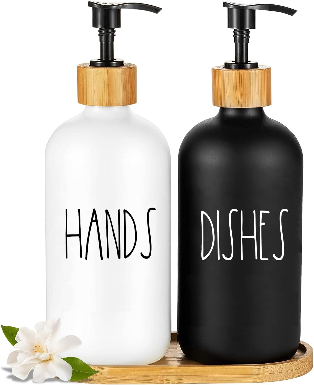Arktek Glass Soap Dispenser Set with Tray, 2 Pack Hand and Dish Soap Dispenser Set for Bathroom and Kitchen Bottle Dispenser with Dish Soap, Hand Soap, Lotion 17 Oz (Black & White)