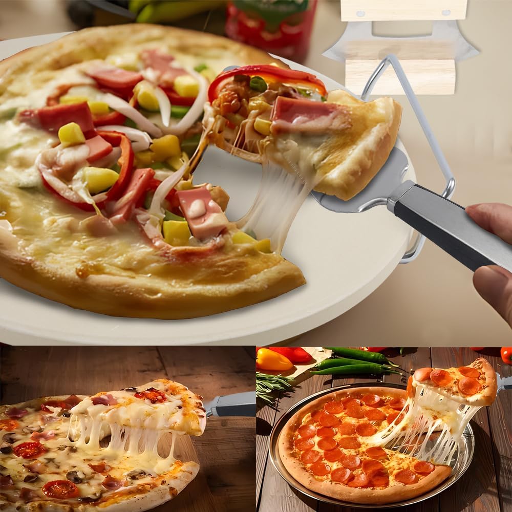 Delux Pizza Stone Set with Pizza Cutter Pizza Server, 13inch Ceramic Baking Stone for Oven and Grill with Metal Handle Rack,Quick Baked n Serving Pizza in Home n Outdoor
