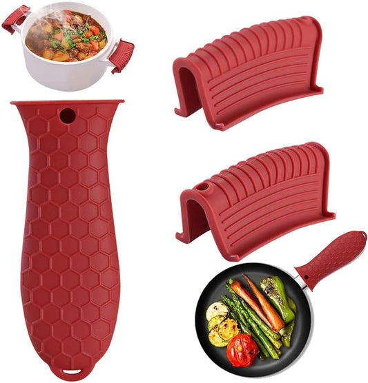 3 Pack Silicone Cast Iron Skillet Handle Cover - Heat Resistant Pot Handle Sleeve Grip for Frying Pans, Griddles, Dutch Ovens & Baking Sheets (Red)