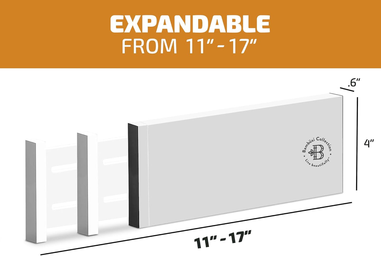 6 Pack Drawer Dividers 4 Inch High, 11”-17" Adjustable Bamboo Organizers Large Expandable Drawer Separators for Cloths, Dresser, Bedroom, Bathroom, Baby Drawer, Office & Kitchen Utensils (White)
